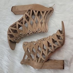 SAM EDELMAN Yeager Nude Cut Out‎ Open Toe Block Heel Suede Glam Sandal Bootie 10